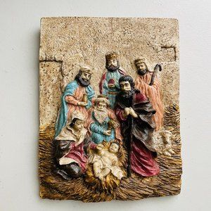 Vintage Nativity Scene Christmas Handcarved Resin 3-D Wall Plaque Heavyweight
